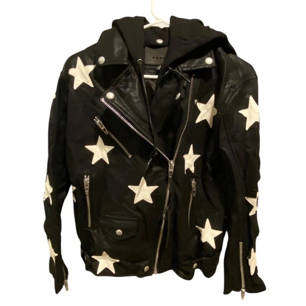 Blank NYC Vegan Leather Black Jacket with White Stars and Removable Cotton Hood
